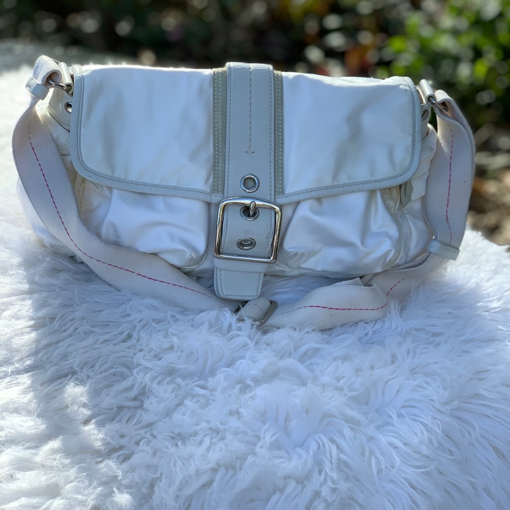 COACH White Satin Shoulder Bag /White Leather Trim